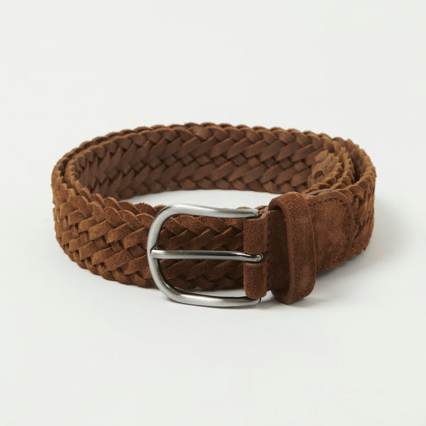 Anderson's Suede Leather 3.5cm Woven Belt - Chocolate