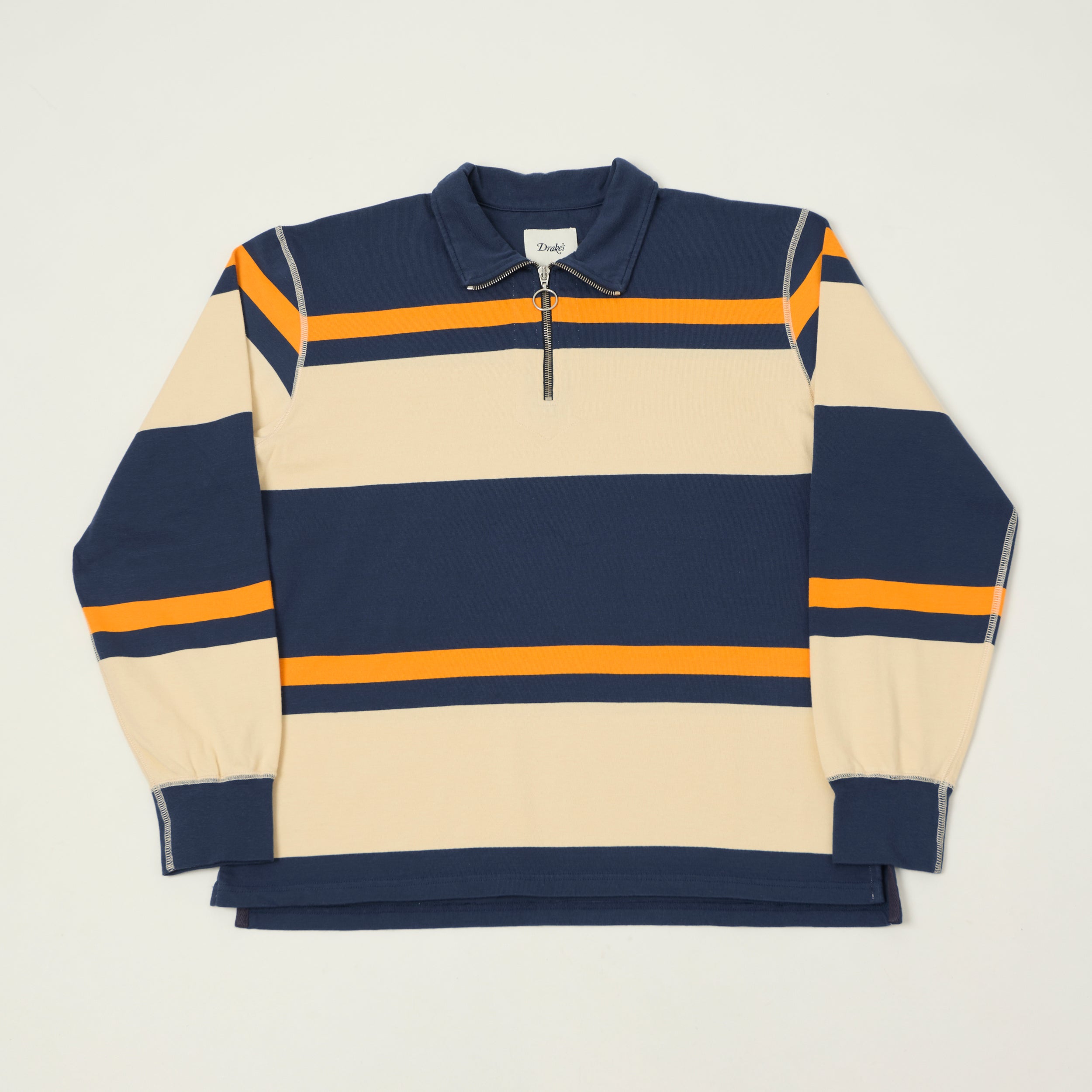 Drake's Stripe Quarter Zip Rugby Shirt - Ecru/Navy/Yellow – SON OF