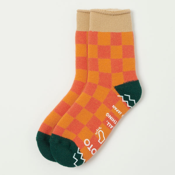 RoToTo 'Checkerboard' Pile Room Sock - Beige/D. Green I