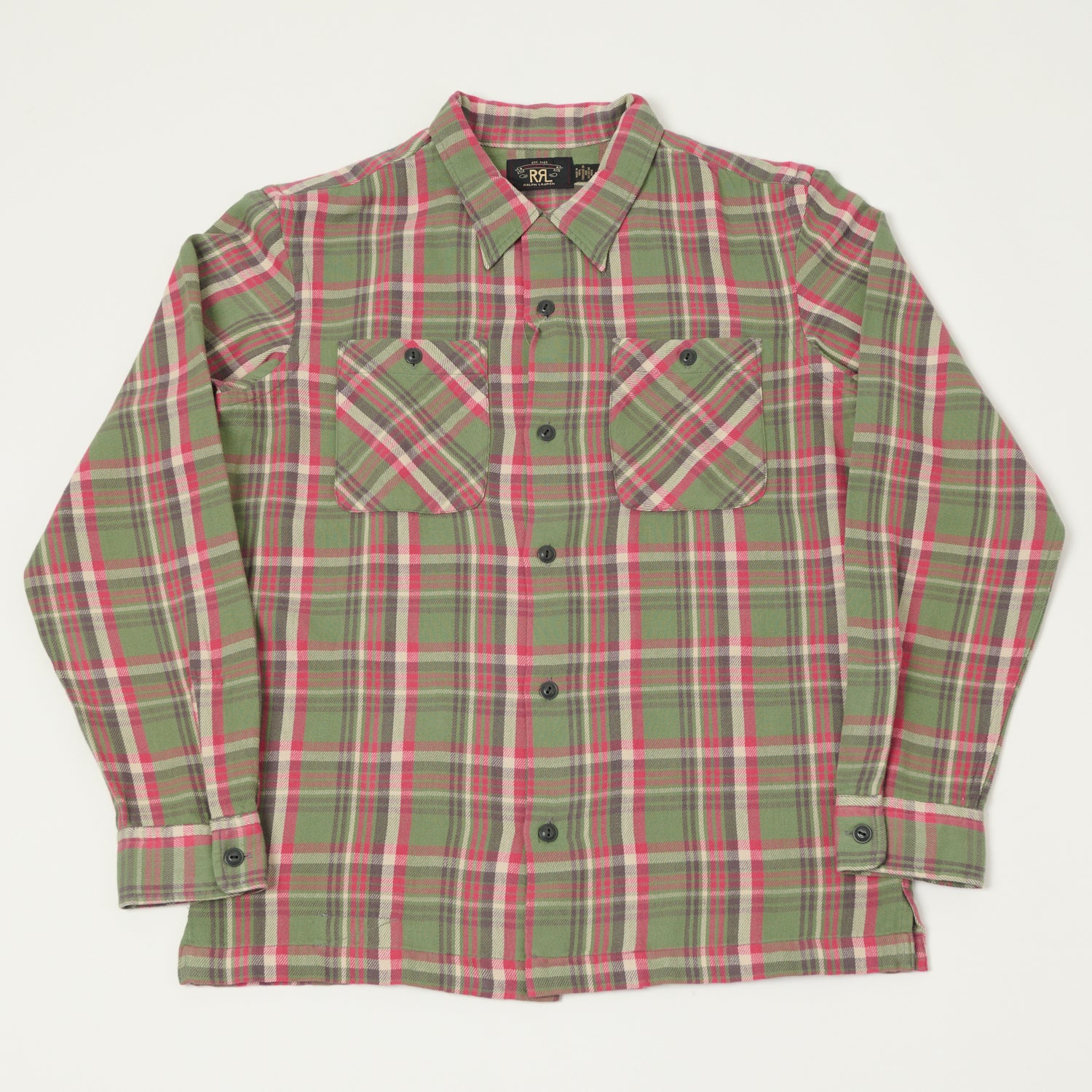 RRL Plaid Twill Camp Collar Shirt- Green/Pink – SON OF A STAG