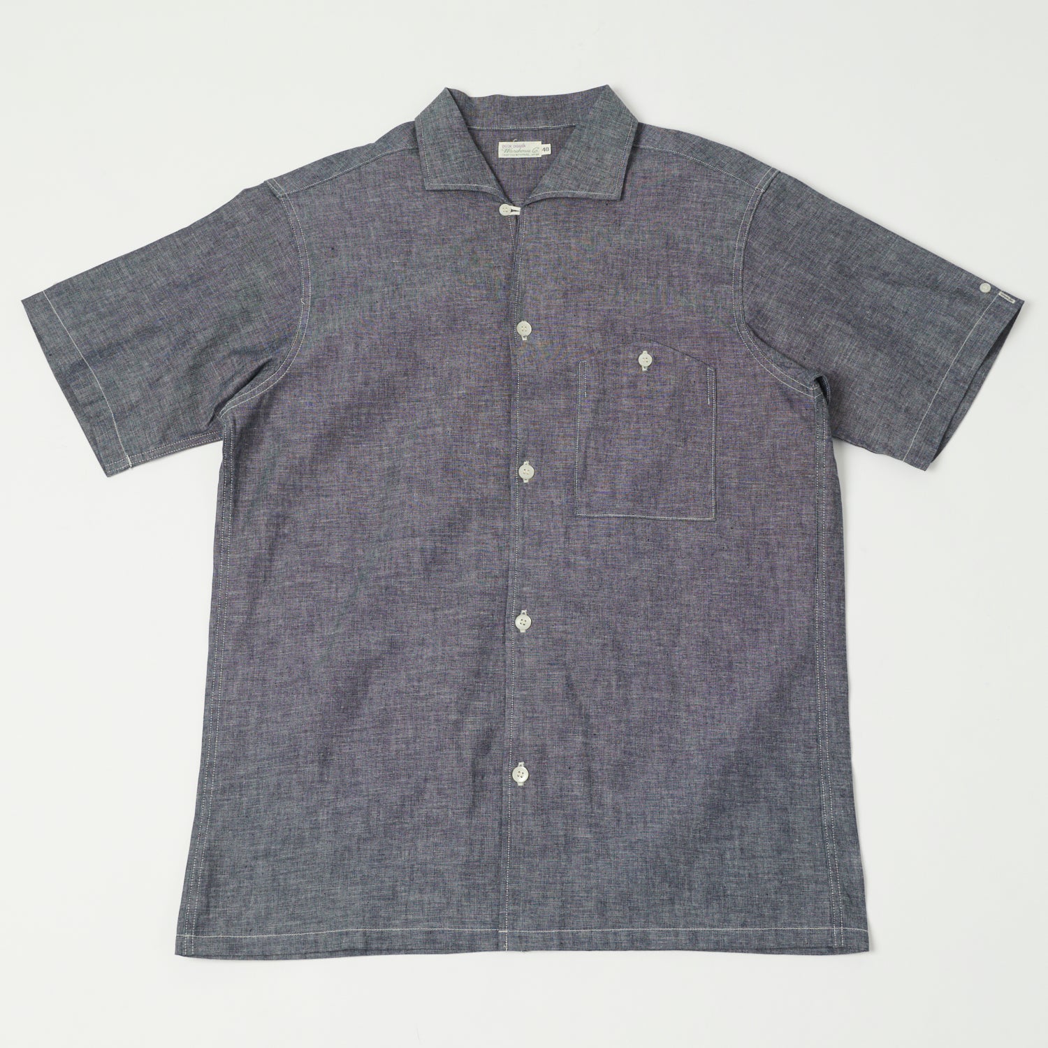 Warehouse 3091 S/S Open Collar Shirt - Chambray Navy