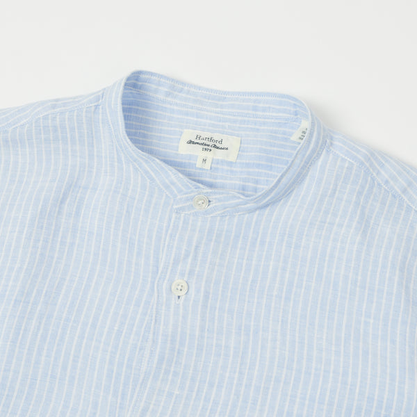 Hartford Premium Pat Grandad-Collar Linen Shirt - Blue Stripe