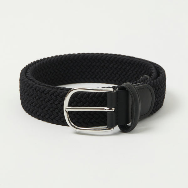 Anderson's 3.5cm Leather-Trimmed Elastic Woven Belt - Black
