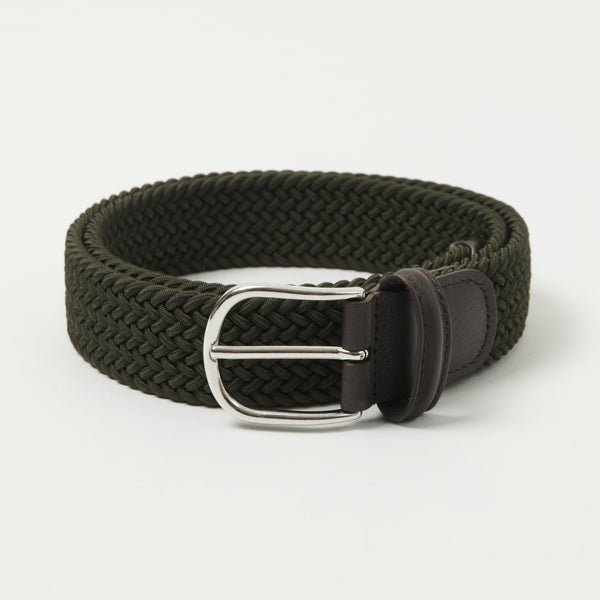 Anderson's 3.5cm Leather-Trimmed Elastic Woven Belt - Forest