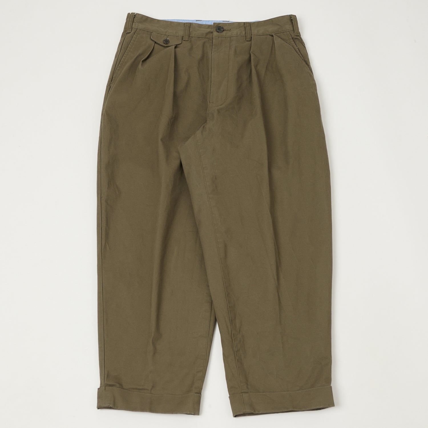 Beams Plus Double Pleat Twill Trousers - Olive