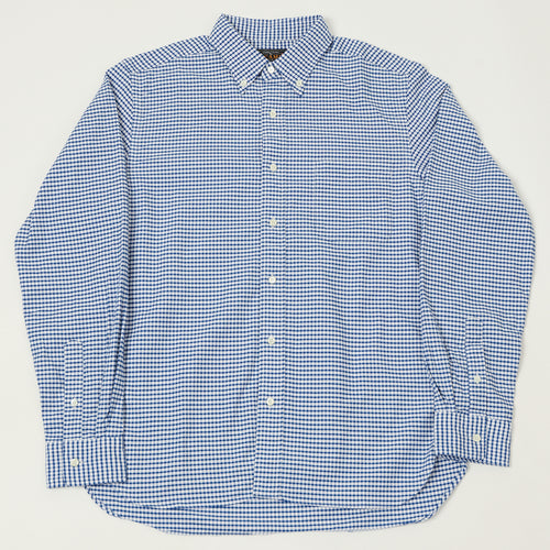 Beams Plus Button Down Gingham Oxford Shirt - Blue