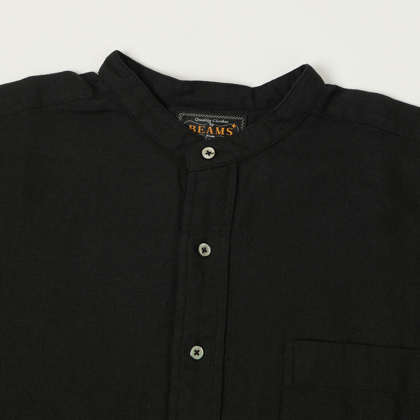 Beams Plus Herringbone Twill Band Collar Pullover Shirt - Black