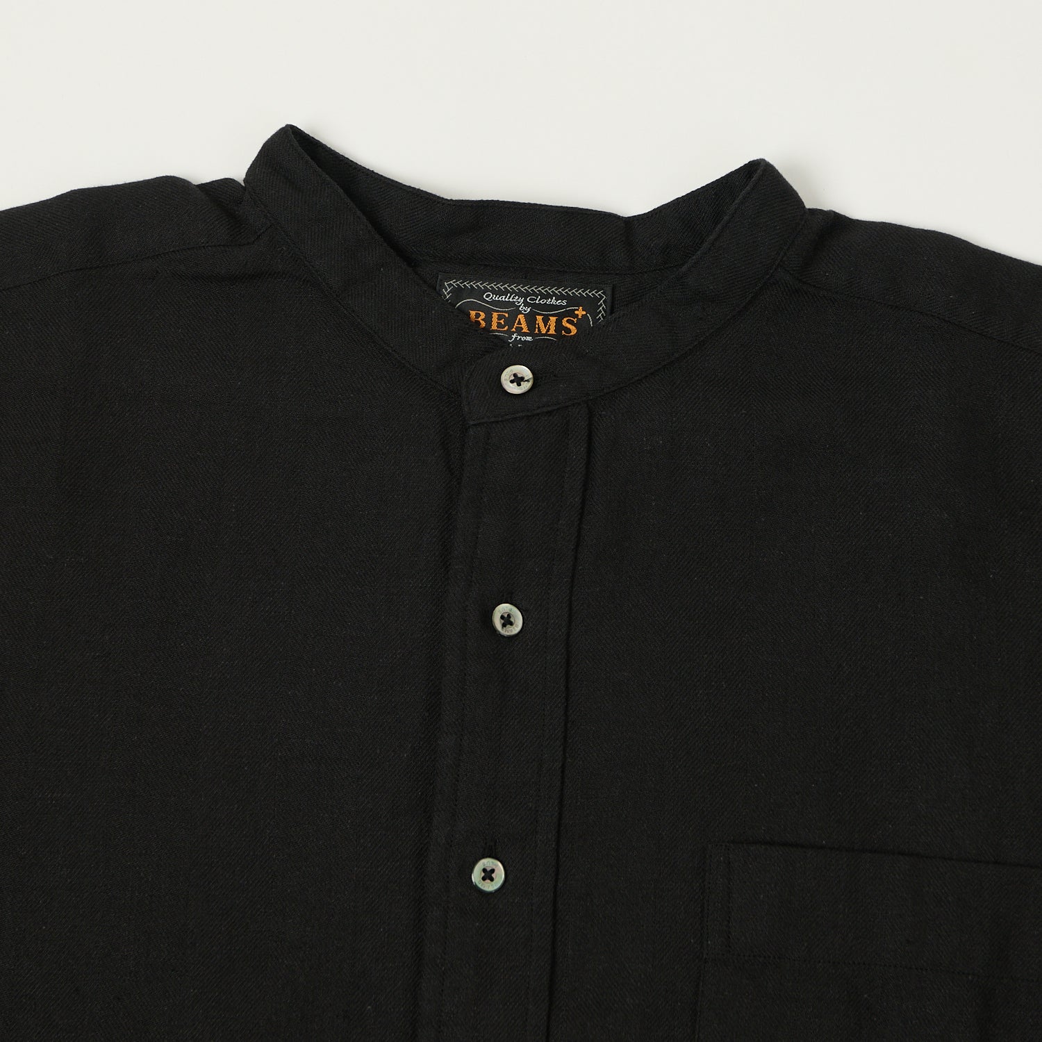Beams Plus Herringbone Twill Band Collar Pullover Shirt - Black
