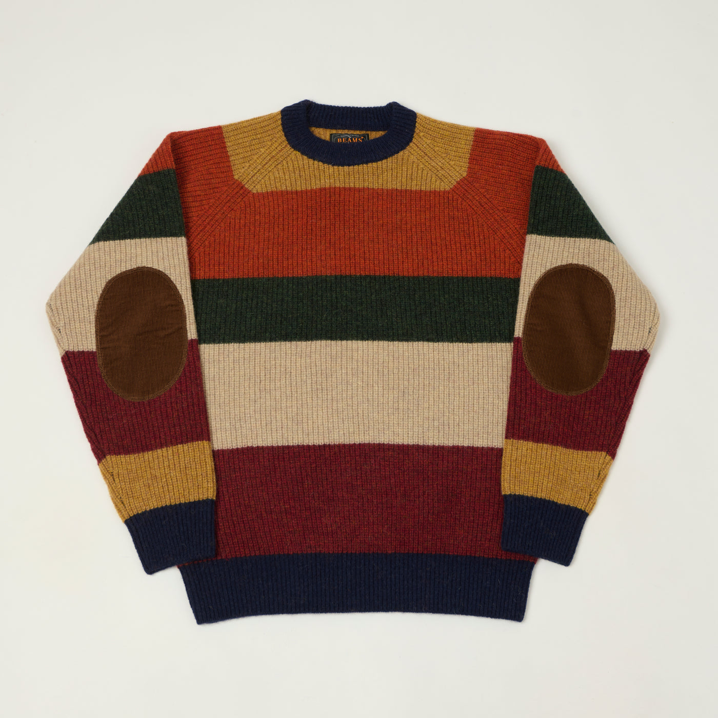 Beams Plus Multi Stripe Jumper - Navy/Brown