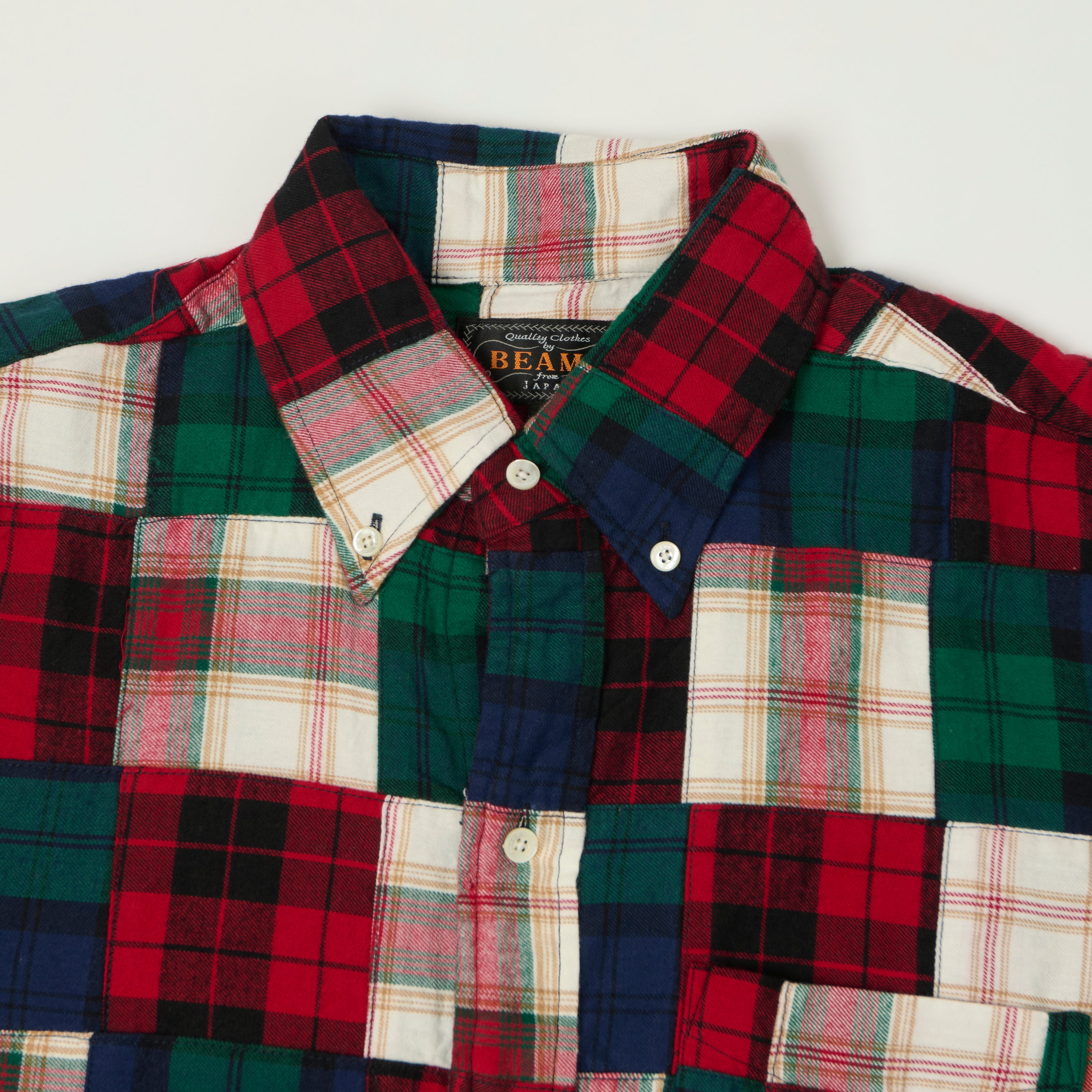 Beams Plus Patchwork Plaid Button Down Shirt - Red/Green SON OF A STAG Beams Plus Patchwork Plaid Button Down Shirt - Red/Green SON OF A STAG