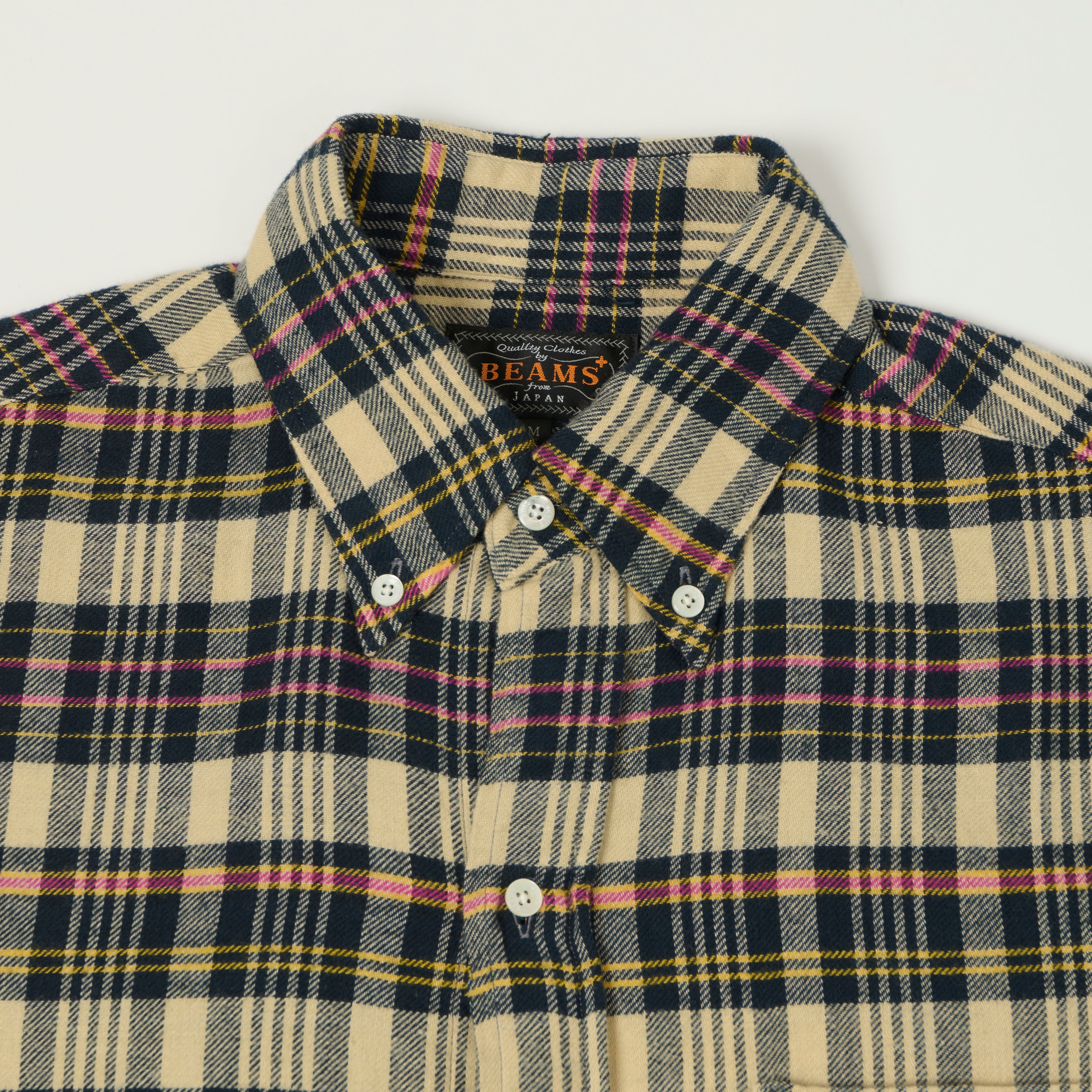 Beams Plus Button Down Plaid Shirt - Beige