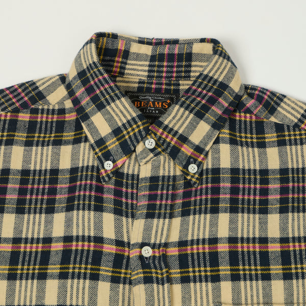 Beams Plus Button Down Plaid Shirt - Beige