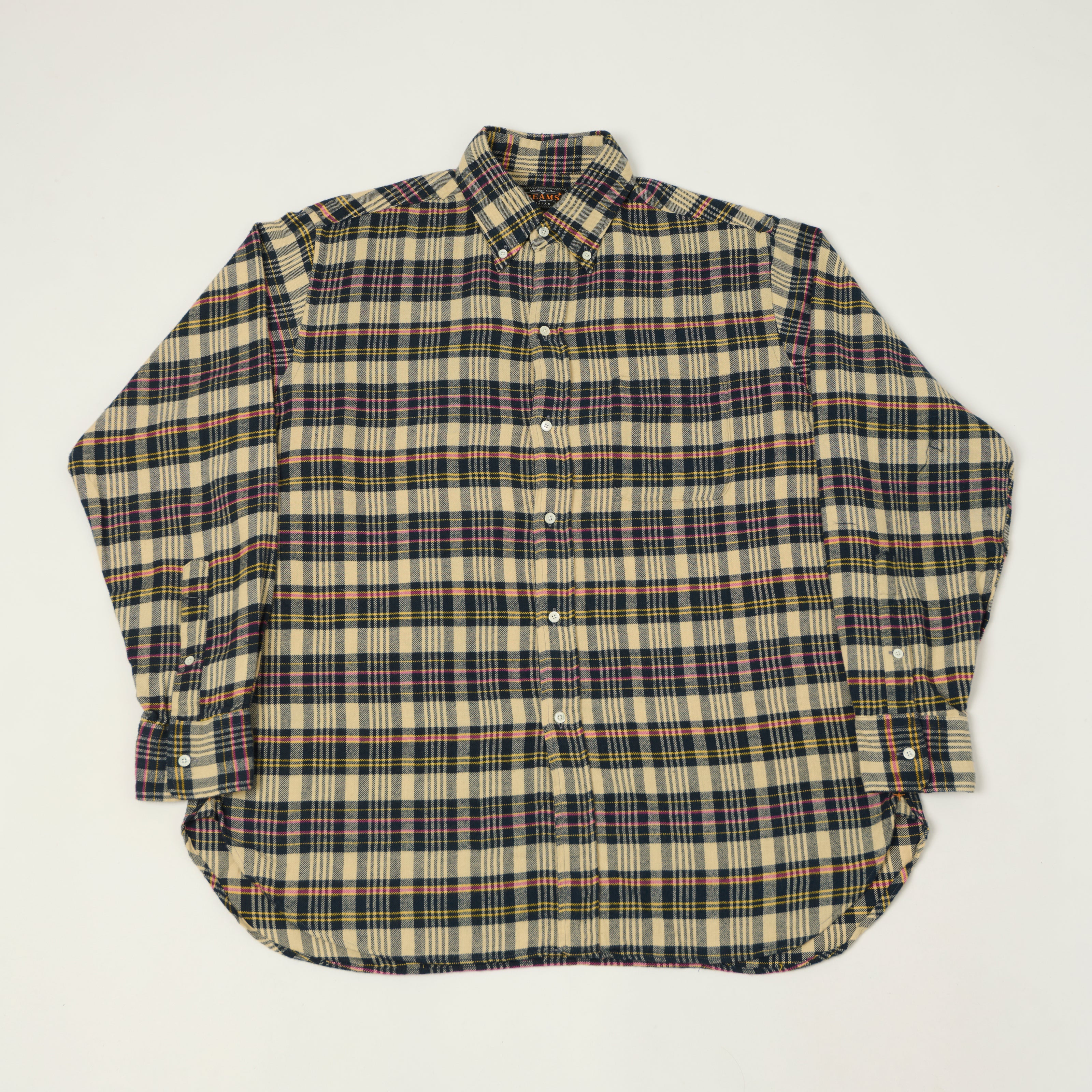 Beams Plus Button Down Plaid Shirt - Beige