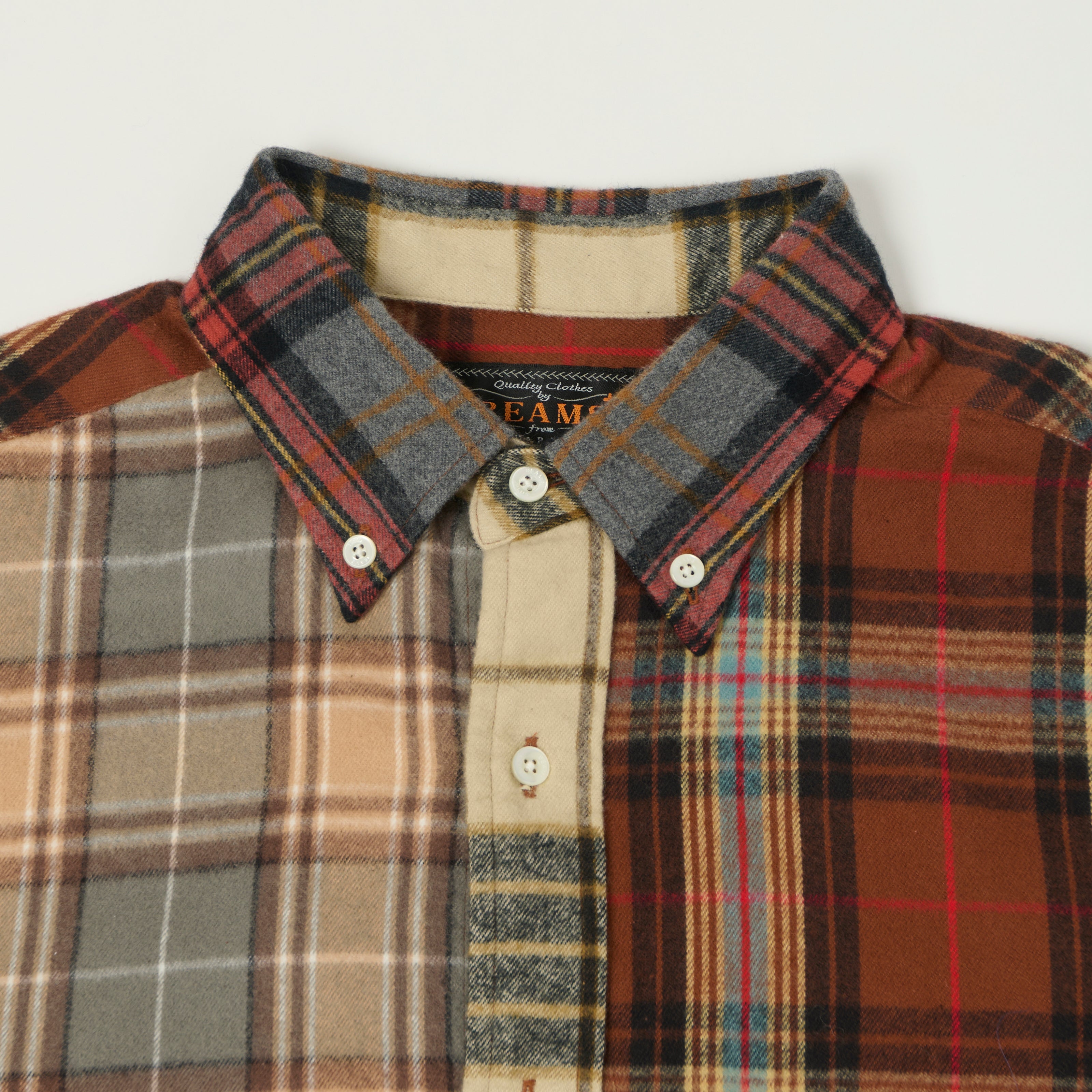 Beams Plus Button Down Multi Plaid Shirt - Brown