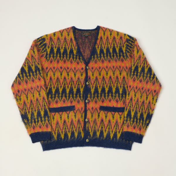 Beams Plus Brushed Mohair Shaggy Jacquard Cardigan - Navy/Multi