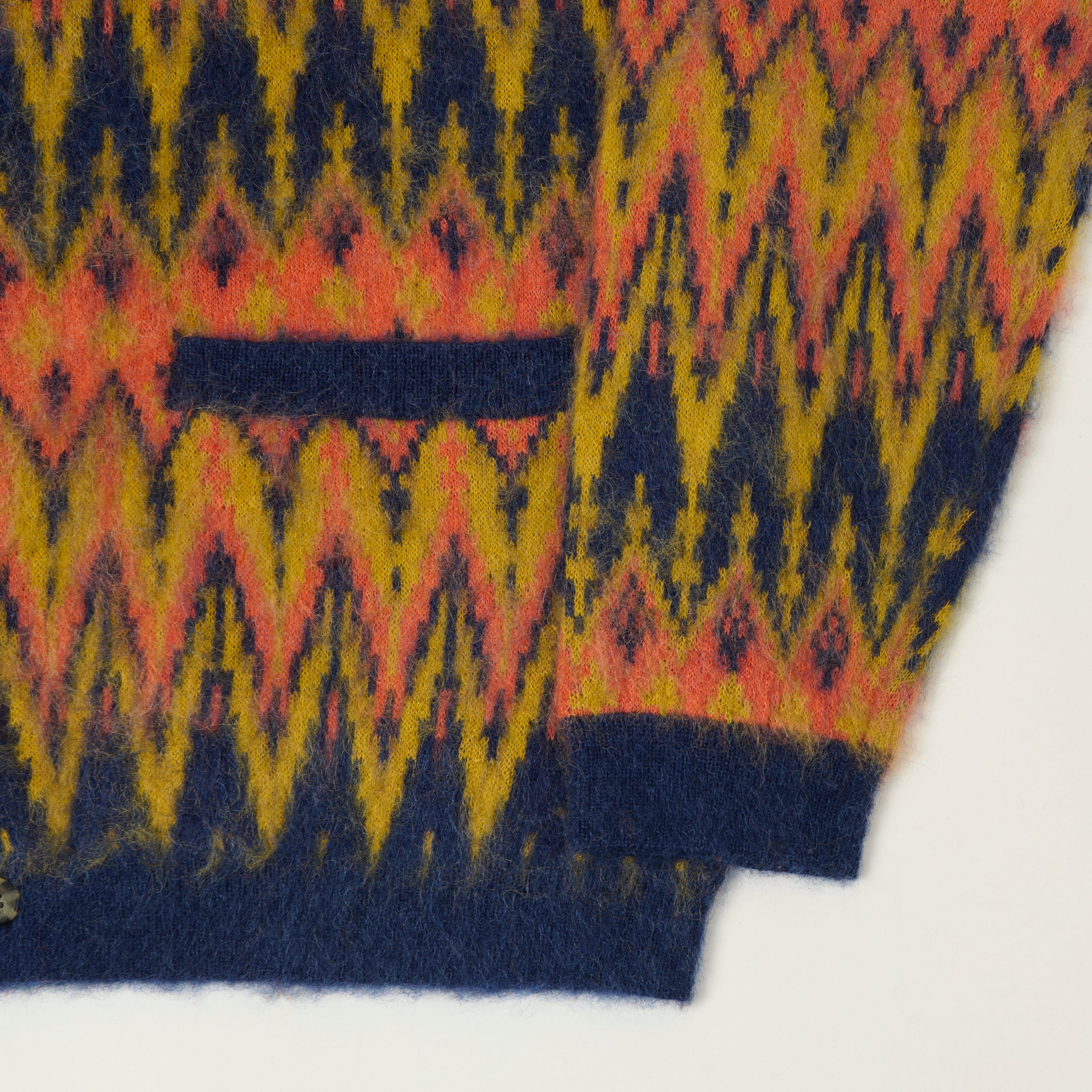 Beams Plus Brushed Mohair Shaggy Jacquard Cardigan - Navy/Multi