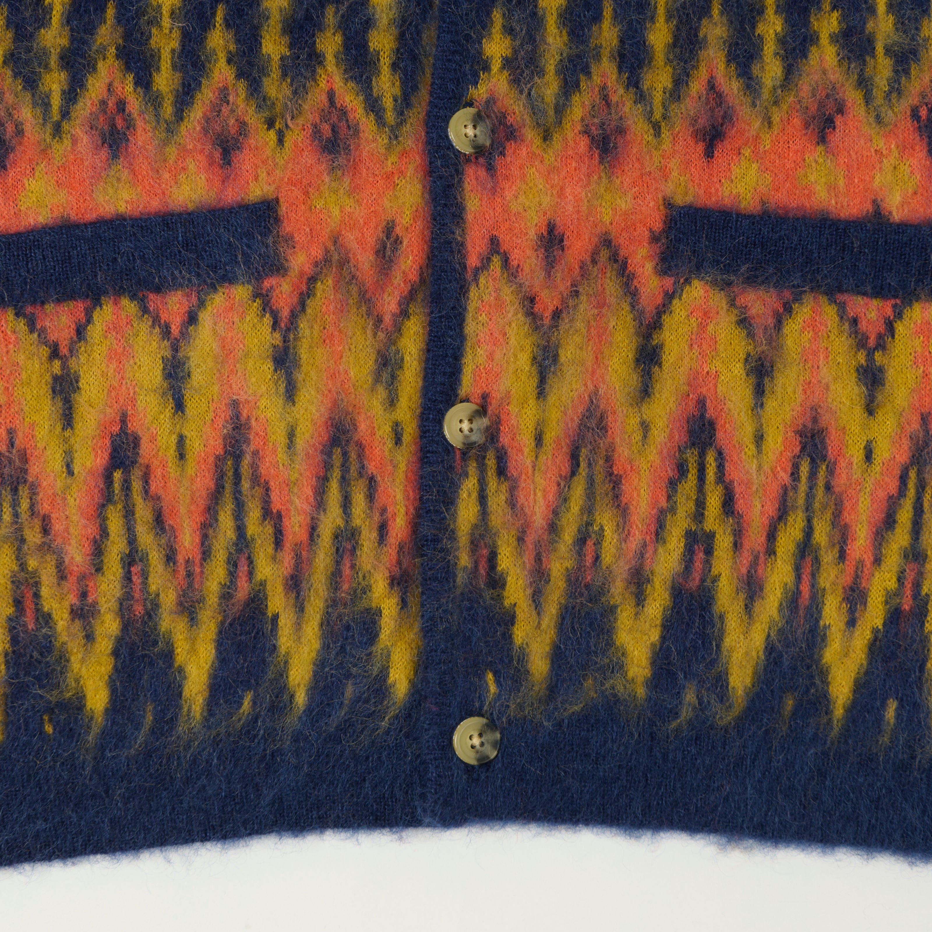 Beams Plus Brushed Mohair Shaggy Jacquard Cardigan - Navy/Multi