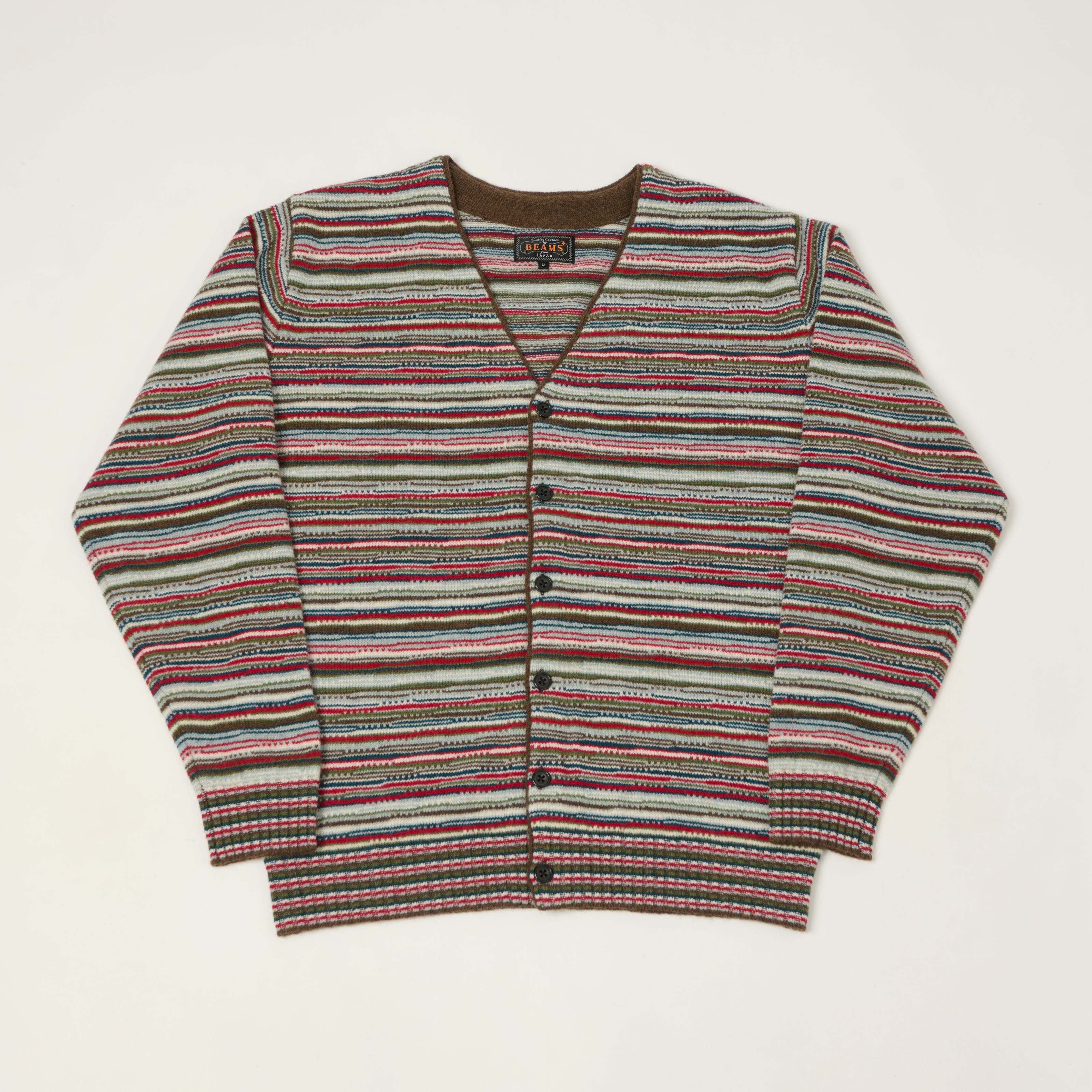 Beams Plus Jacquard Knit Stripe Cardigan - Red