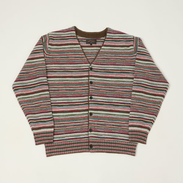 Beams Plus Jacquard Knit Stripe Cardigan - Red