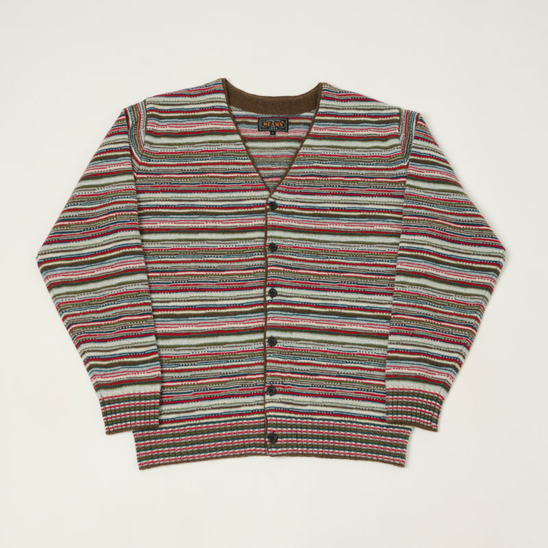 Beams Plus Jacquard Knit Stripe Cardigan - Red