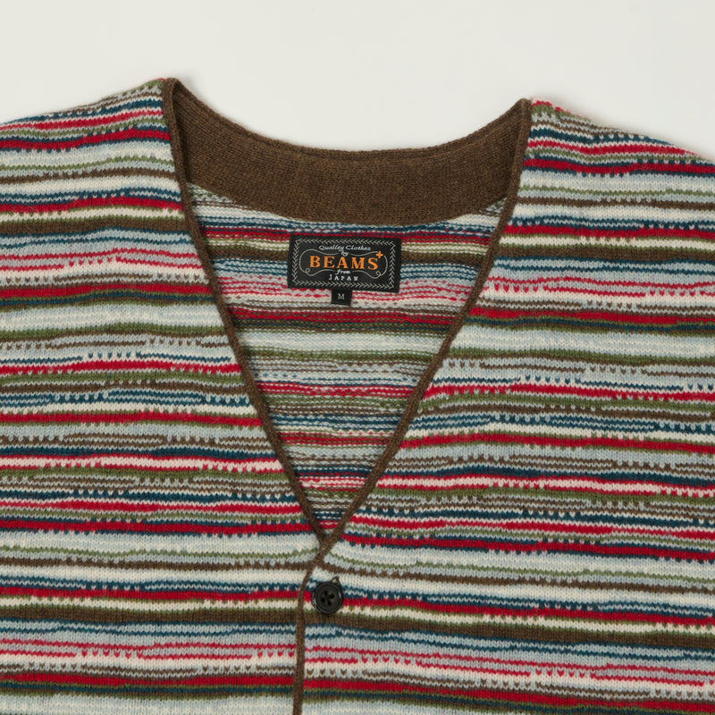 Beams Plus Jacquard Knit Stripe Cardigan - Red