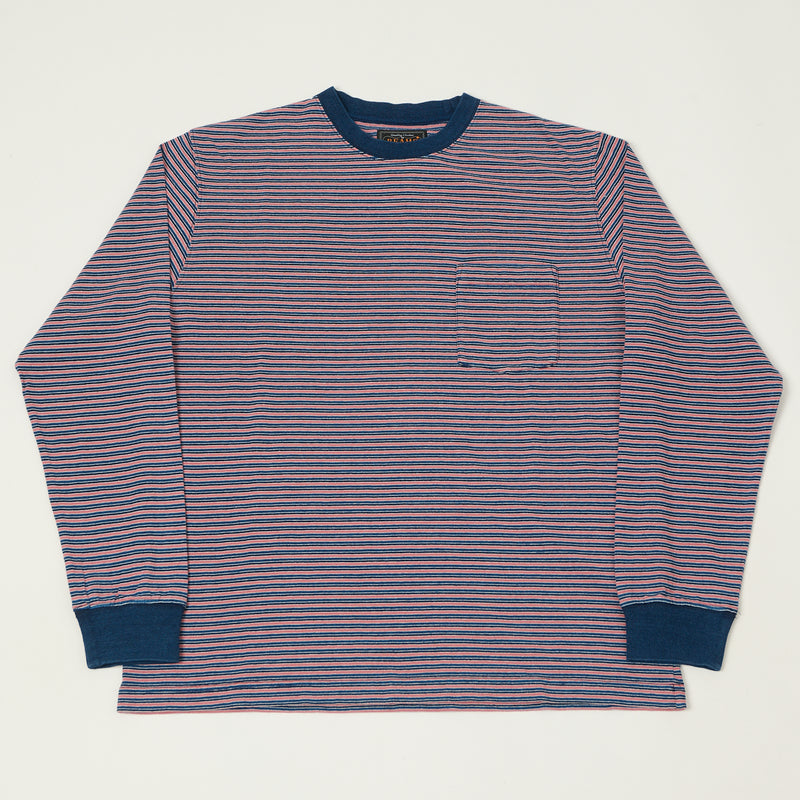 Beams Plus Long Sleeve Stripe Pocket T-Shirt - Indigo/Red