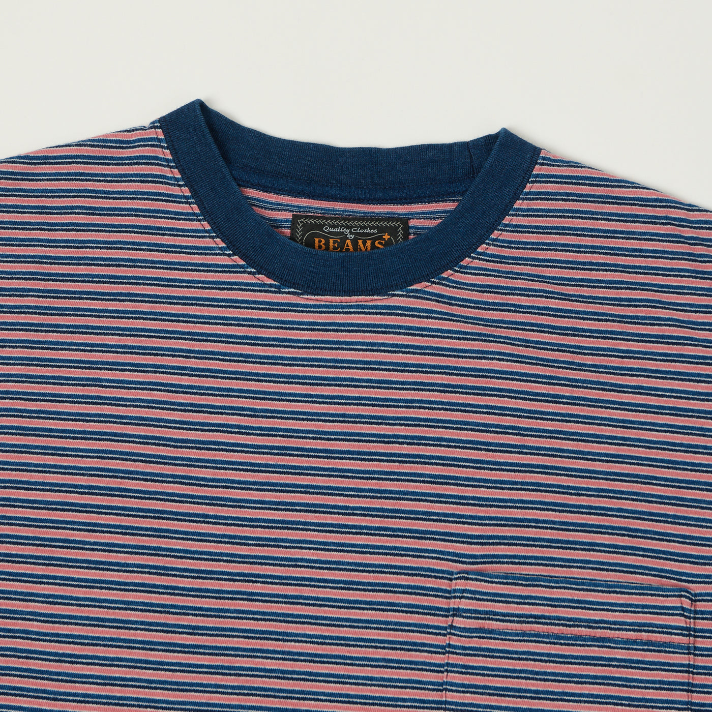 Beams Plus Long Sleeve Stripe Pocket T-Shirt - Indigo/Red