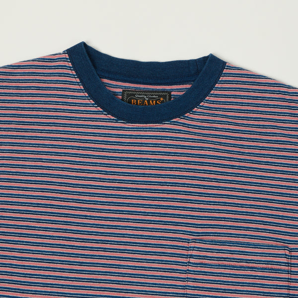 Beams Plus Long Sleeve Stripe Pocket T-Shirt - Indigo/Red
