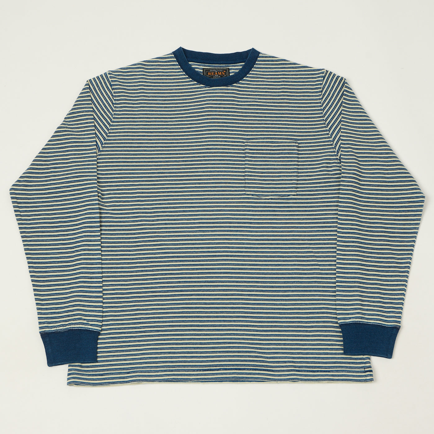 Beams Plus Long Sleeve Stripe Pocket T-Shirt - Indigo/Off White