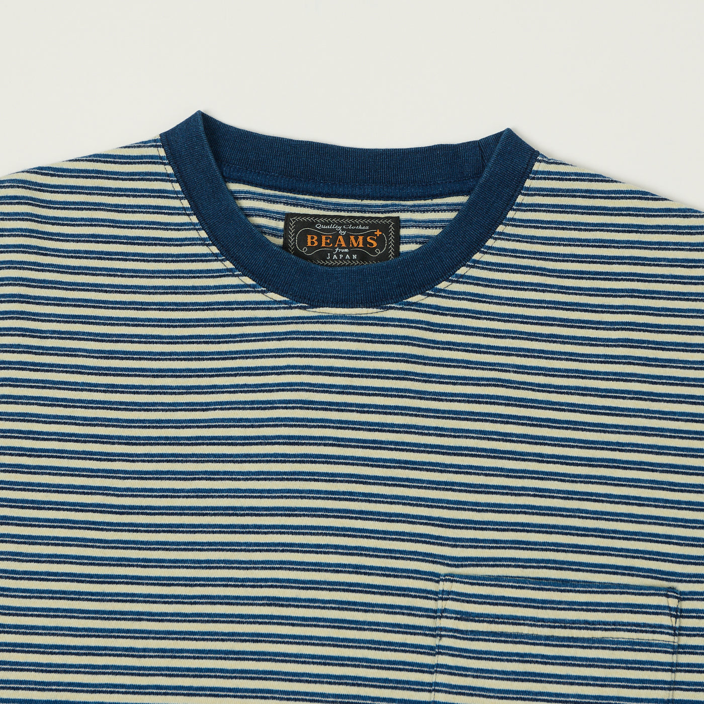 Beams Plus Long Sleeve Stripe Pocket T-Shirt - Indigo/Off White