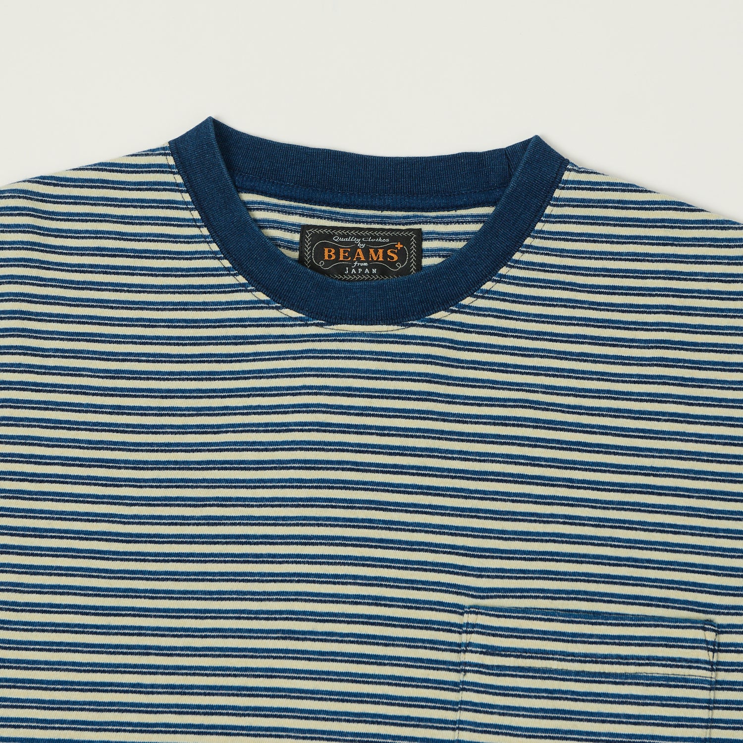 Beams Plus Long Sleeve Stripe Pocket T-Shirt - Indigo/Off White