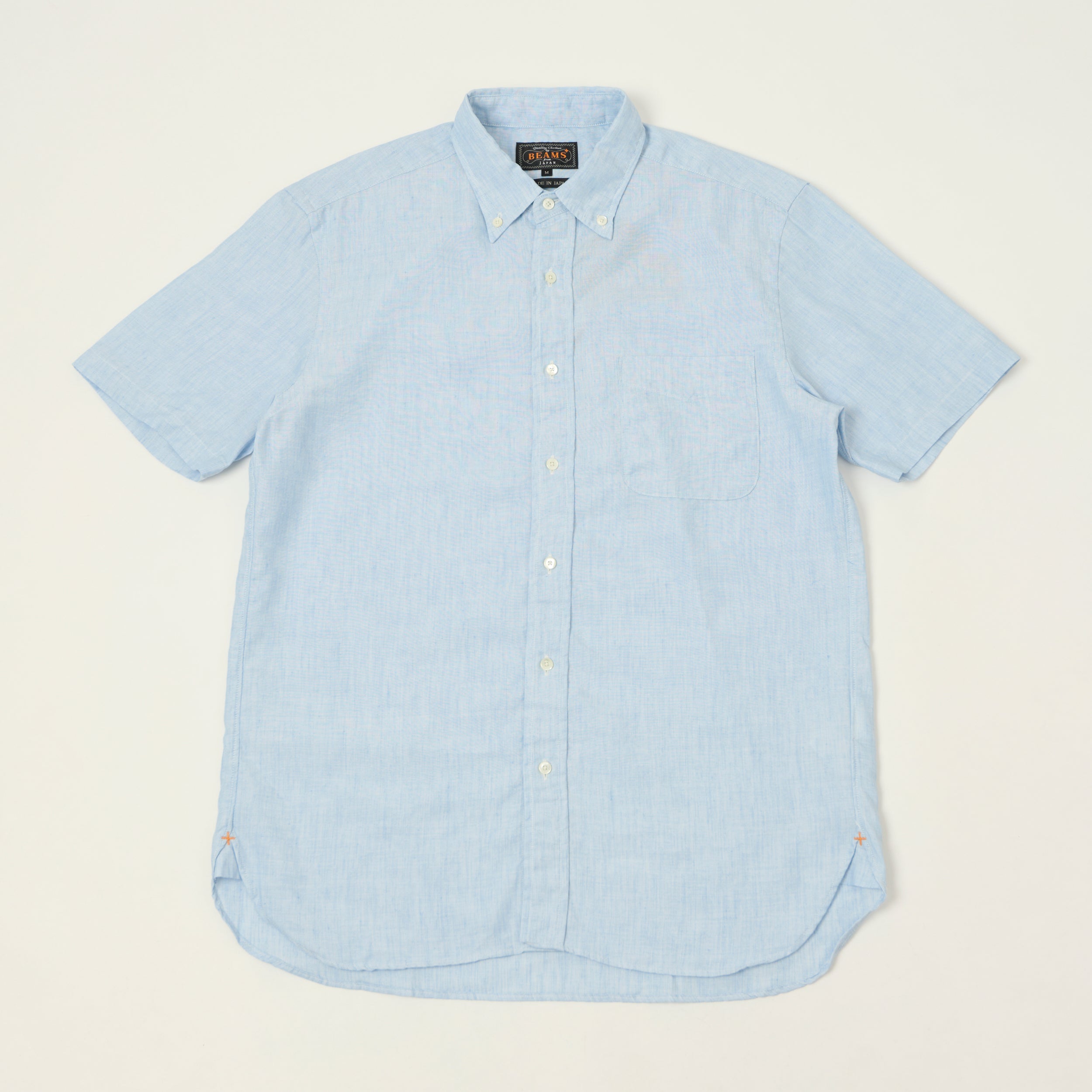 Beams Plus Button Down Coolmax Linen Short Sleeve Shirt - Sax