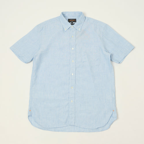 Beams Plus Button Down Coolmax Linen Short Sleeve Shirt - Sax