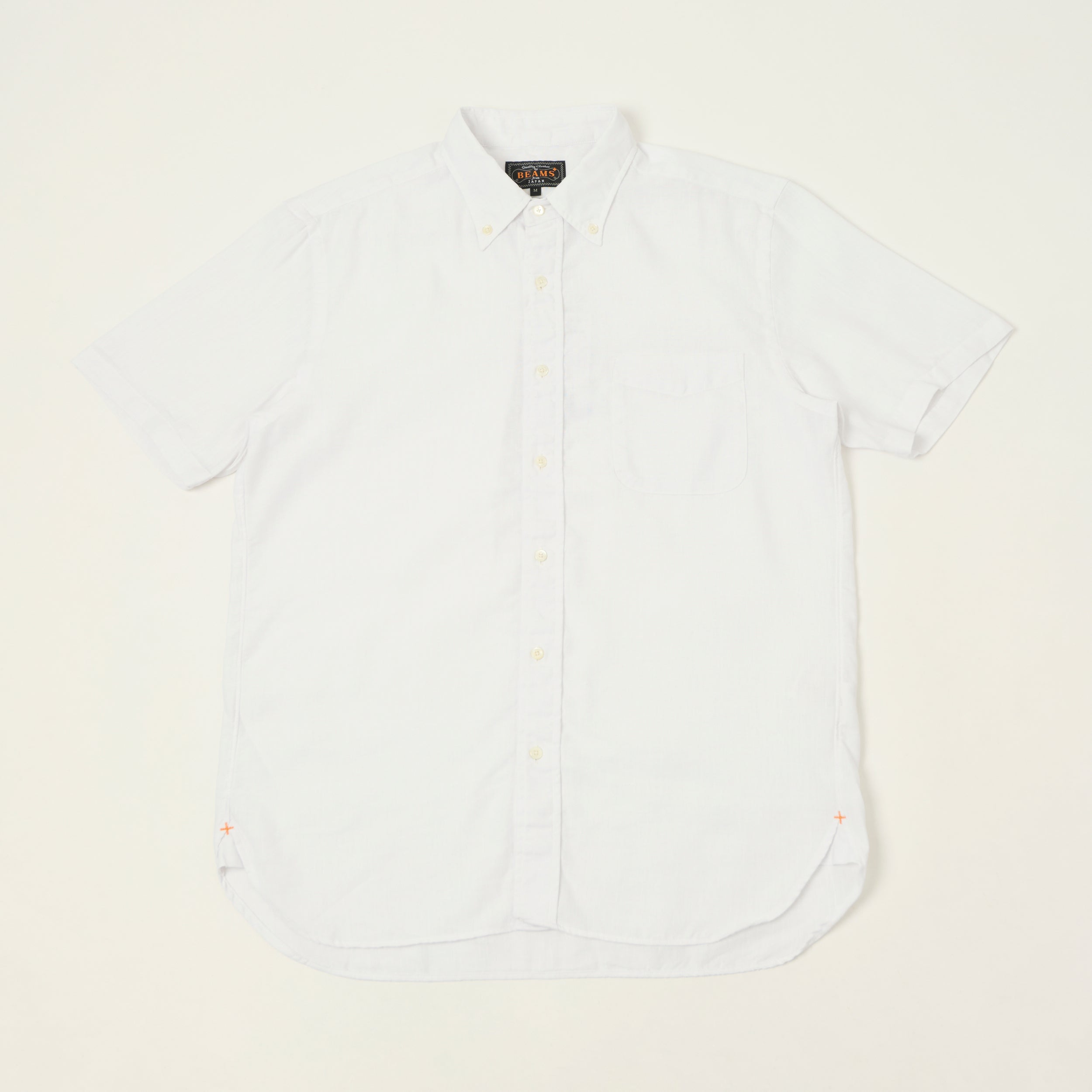 Beams Plus Button Down Coolmax Linen Short Sleeve Shirt - White
