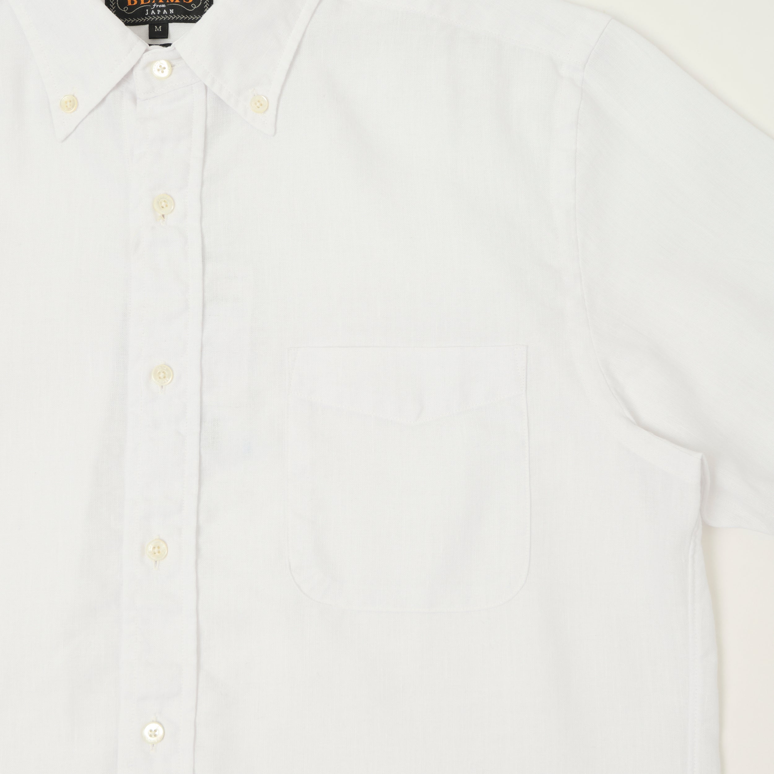 Beams Plus Button Down Coolmax Linen Short Sleeve Shirt - White