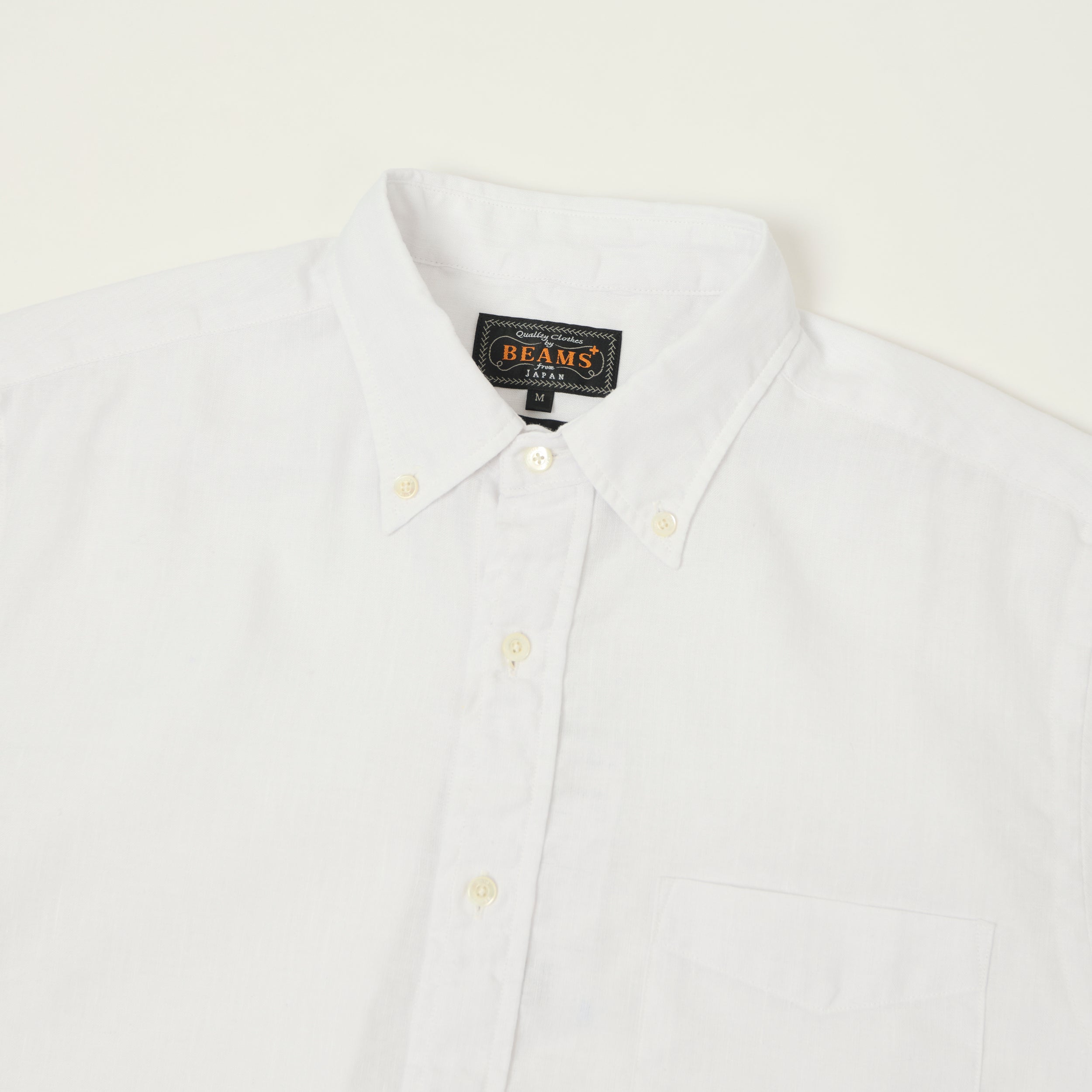 Beams Plus Button Down Coolmax Linen Short Sleeve Shirt - White