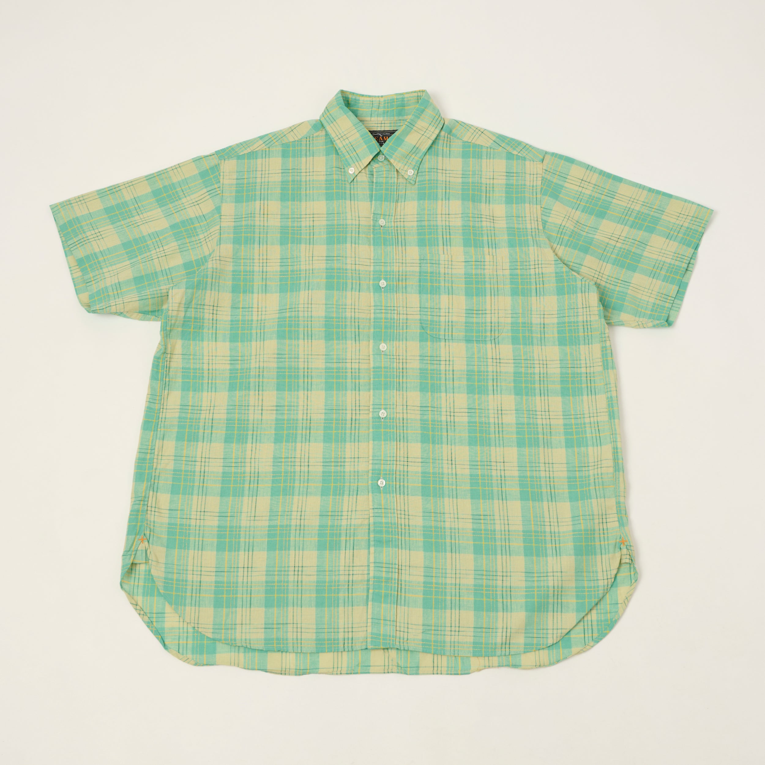 Beams Plus Button Down Cotton/Linen Short Sleeve Shirt - Green