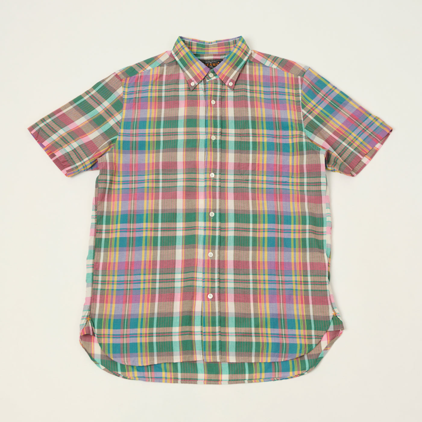 Beams Plus  Button Down Short Sleeve Madras Shirt - Pink