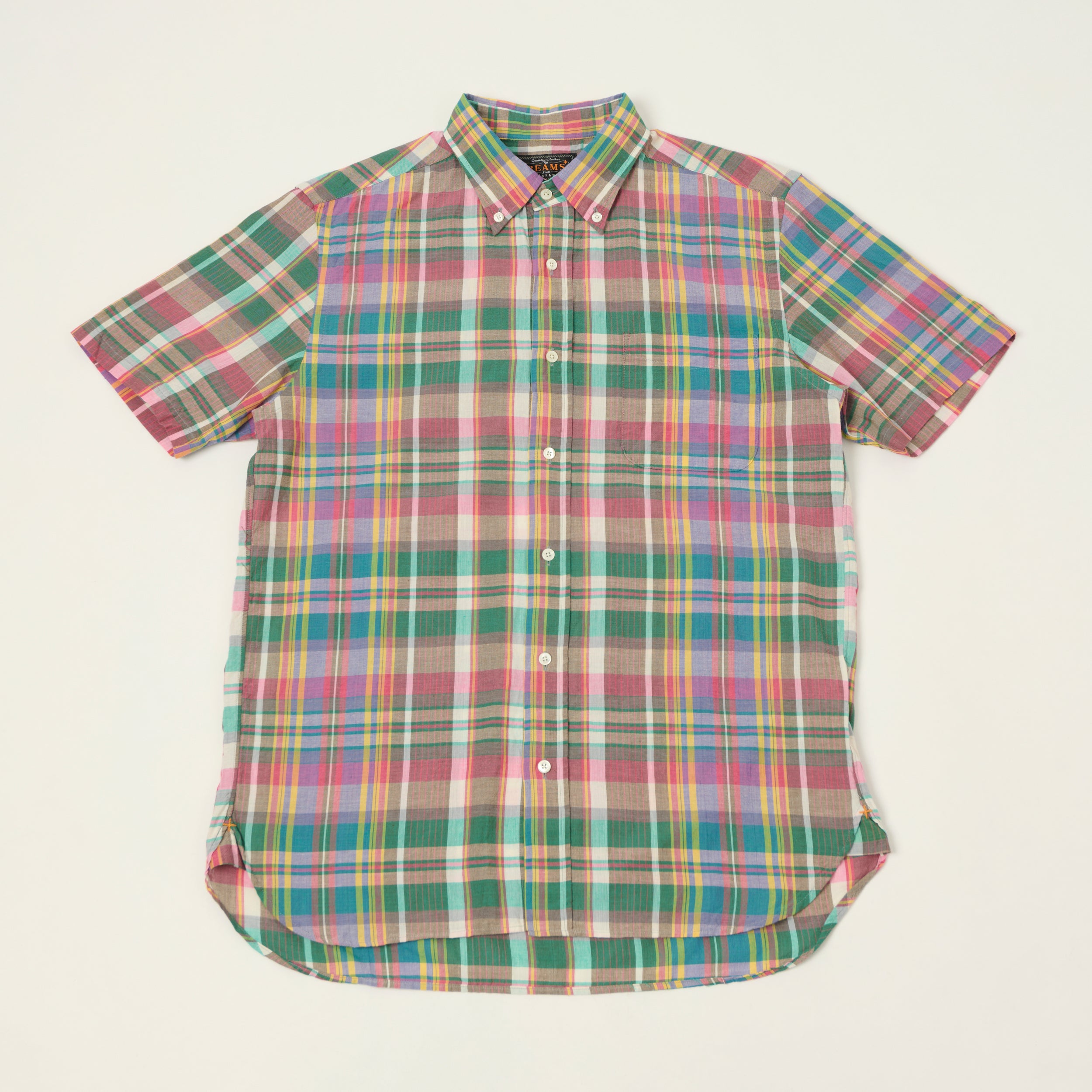 Beams Plus  Button Down Short Sleeve Madras Shirt - Pink