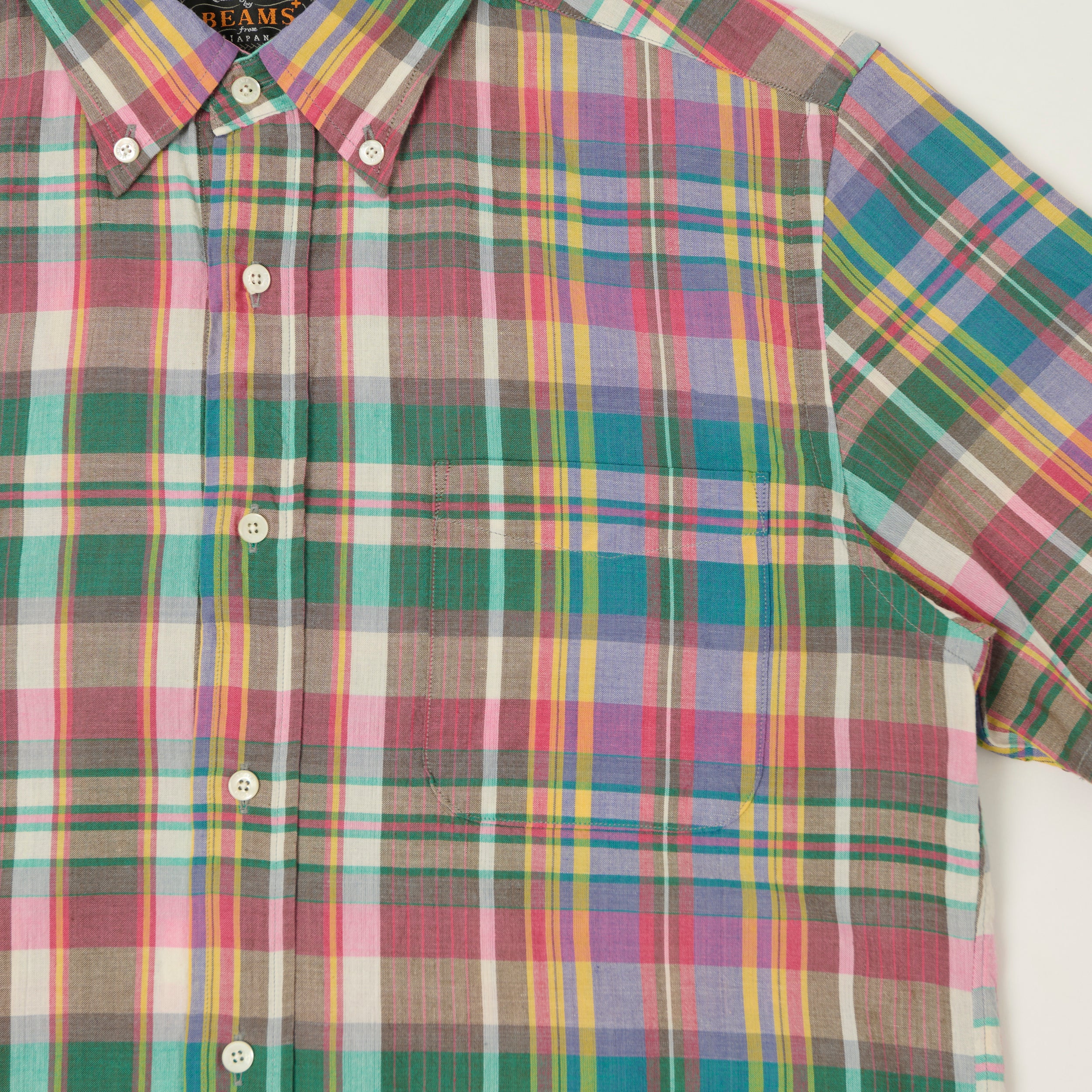 Beams Plus  Button Down Short Sleeve Madras Shirt - Pink