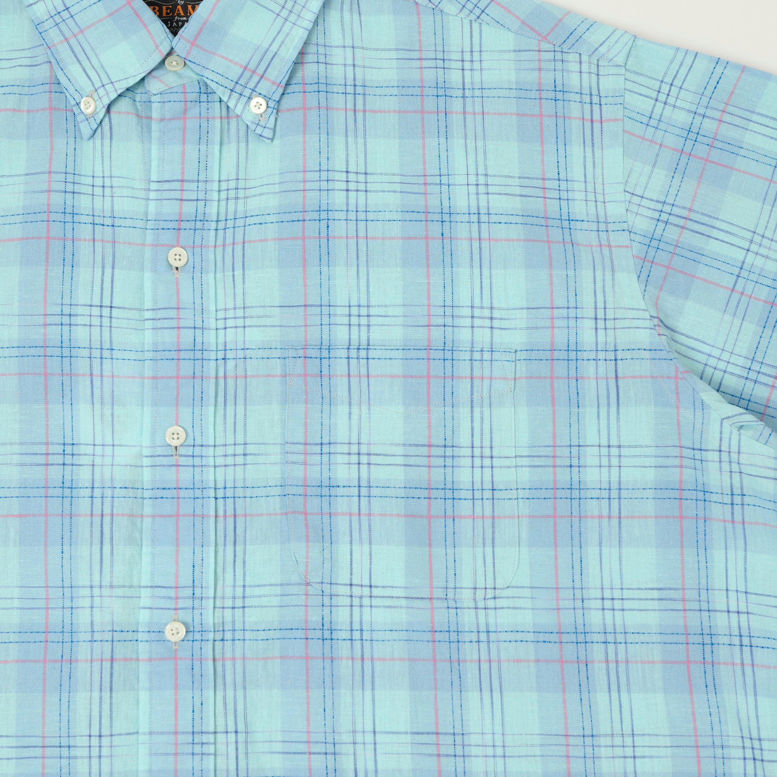 Beams Plus Button Down Cotton/Linen Short Sleeve Shirt - Sax