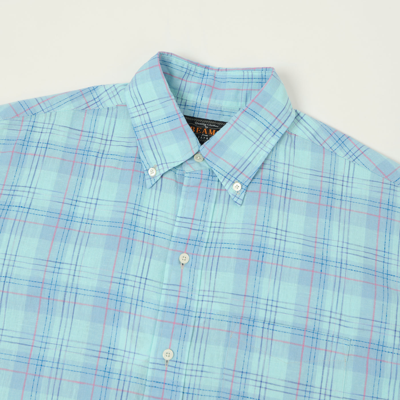 Beams Plus Button Down Cotton/Linen Short Sleeve Shirt - Sax