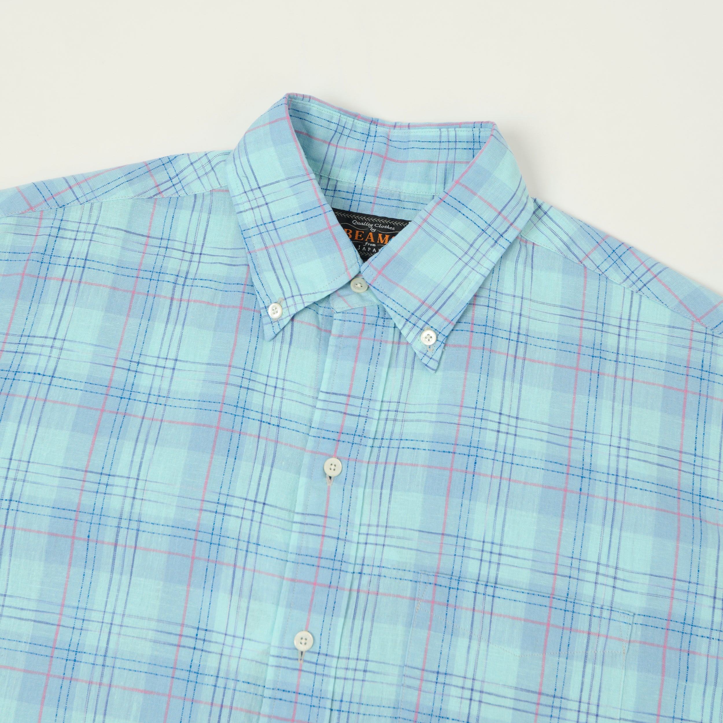 Beams Plus Button Down Cotton/Linen Short Sleeve Shirt - Sax