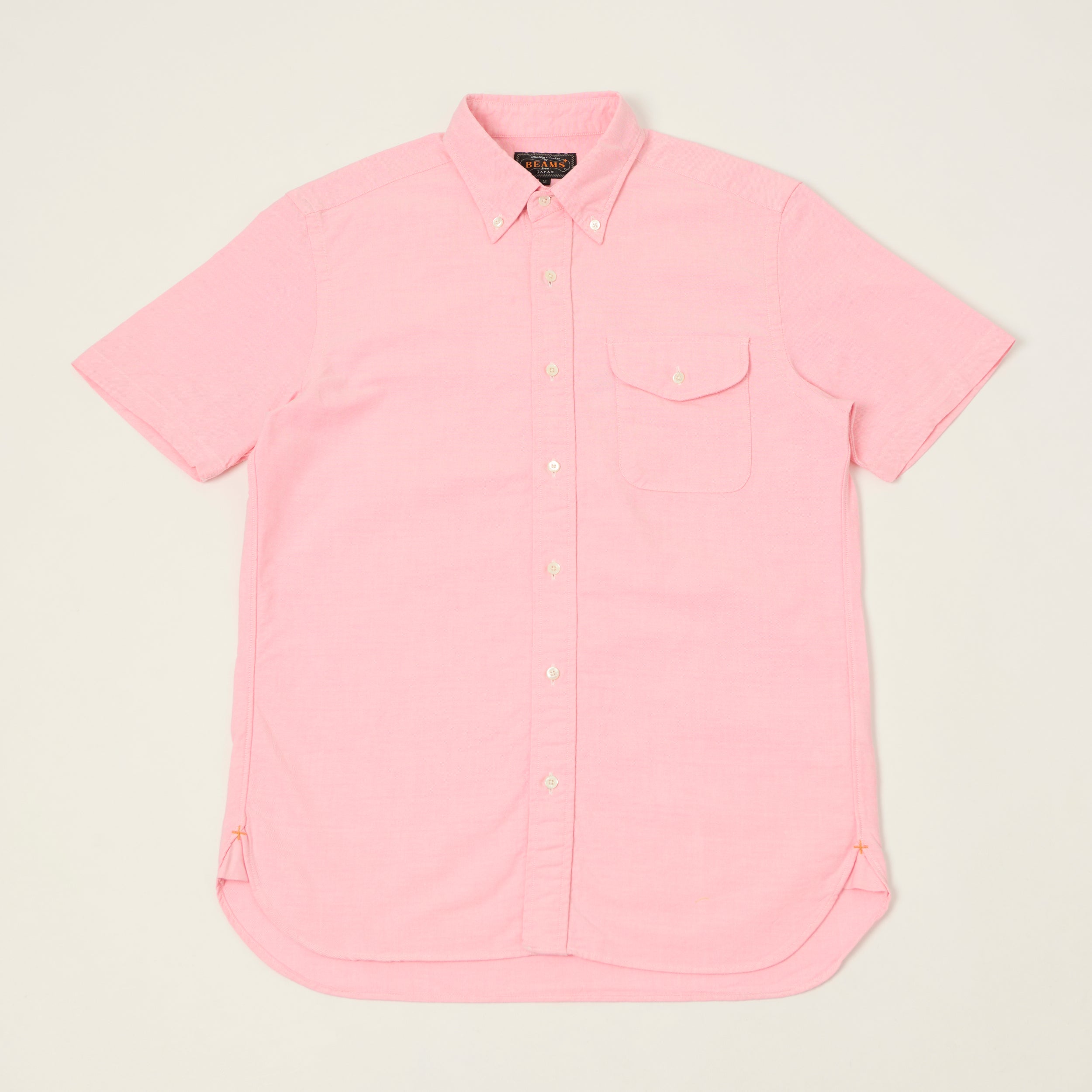 Beams Plus Button Down Short Sleeve Oxford Shirt - Pink