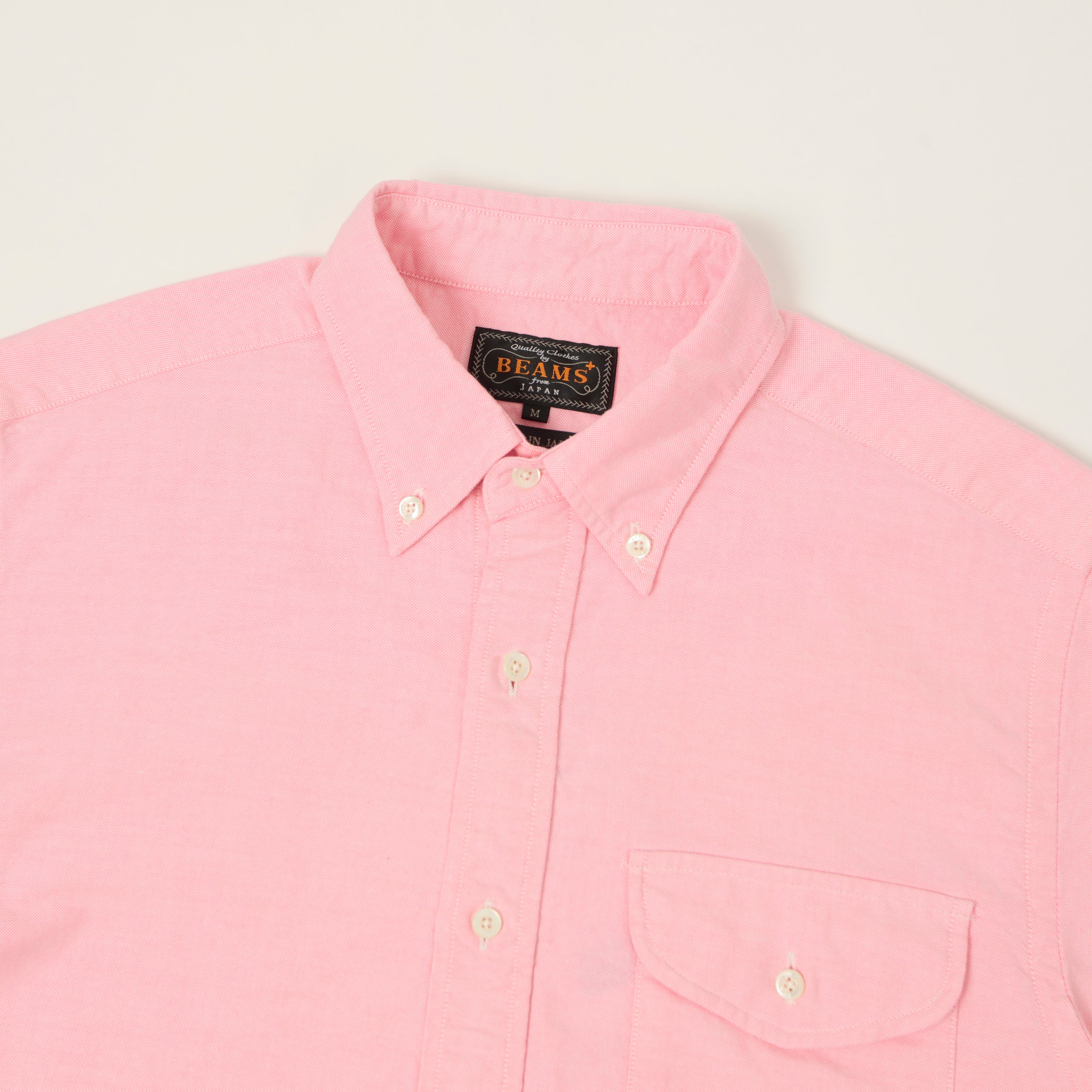 Beams Plus Button Down Short Sleeve Oxford Shirt - Pink