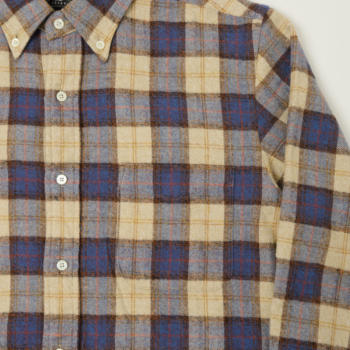 Beams Plus Button Down Herringbone Check Shirt - White/Blue