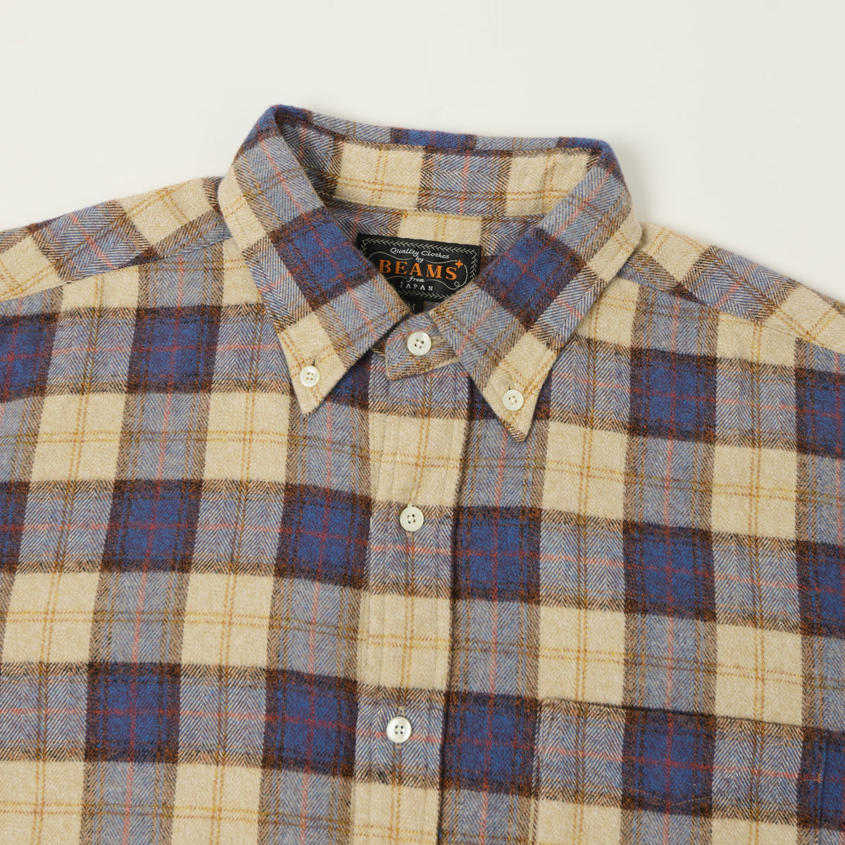 Beams Plus Button Down Herringbone Check Shirt - White/Blue