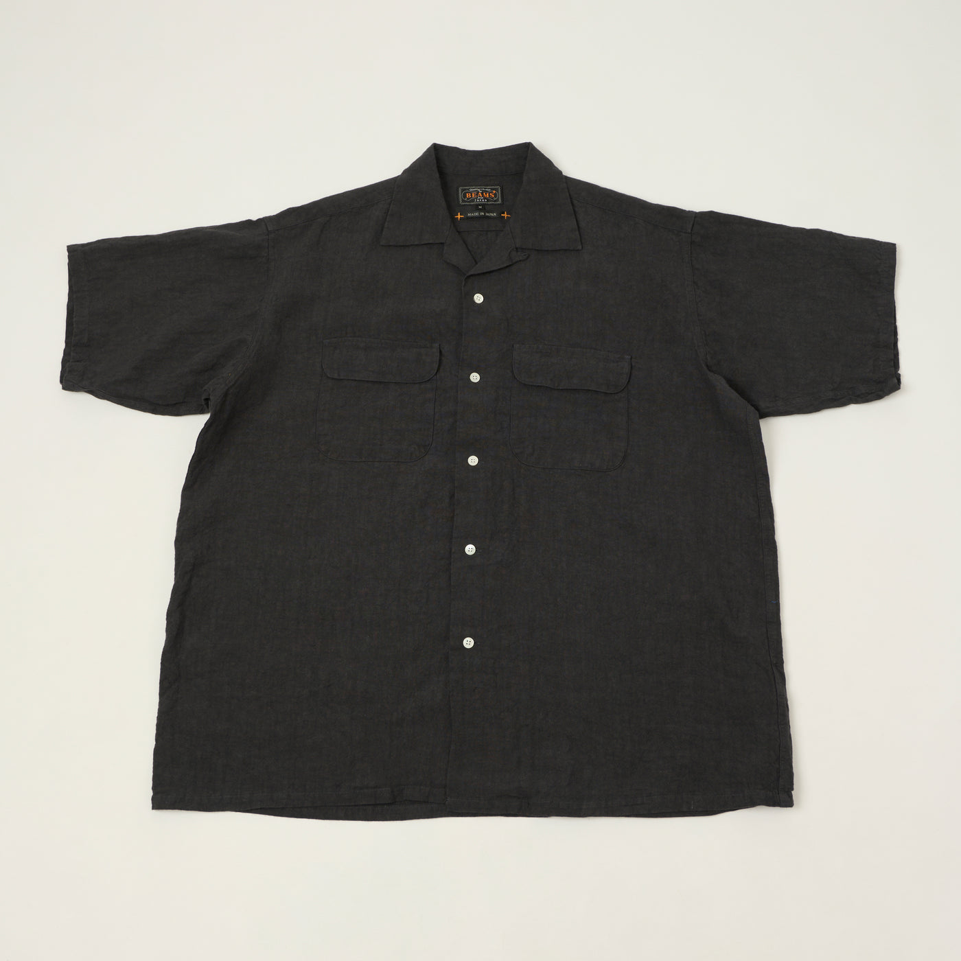 Beams Plus Open Collar Short Sleeve Linen Shirt - Charcoal