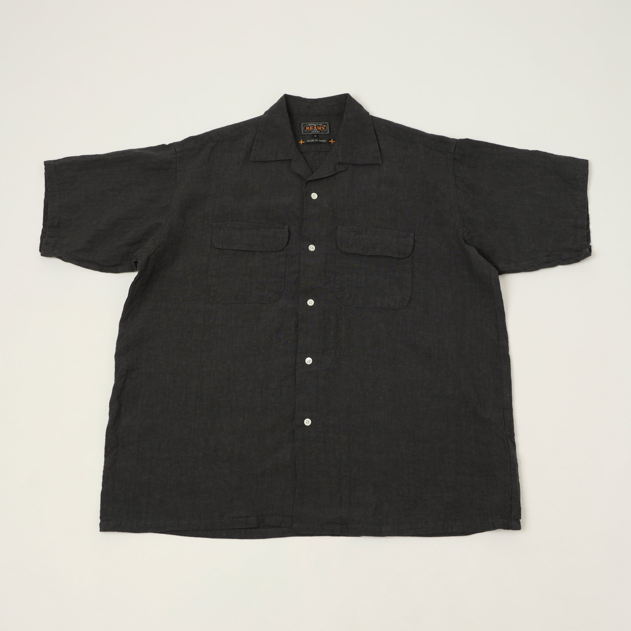 Beams Plus Open Collar Short Sleeve Linen Shirt - Charcoal