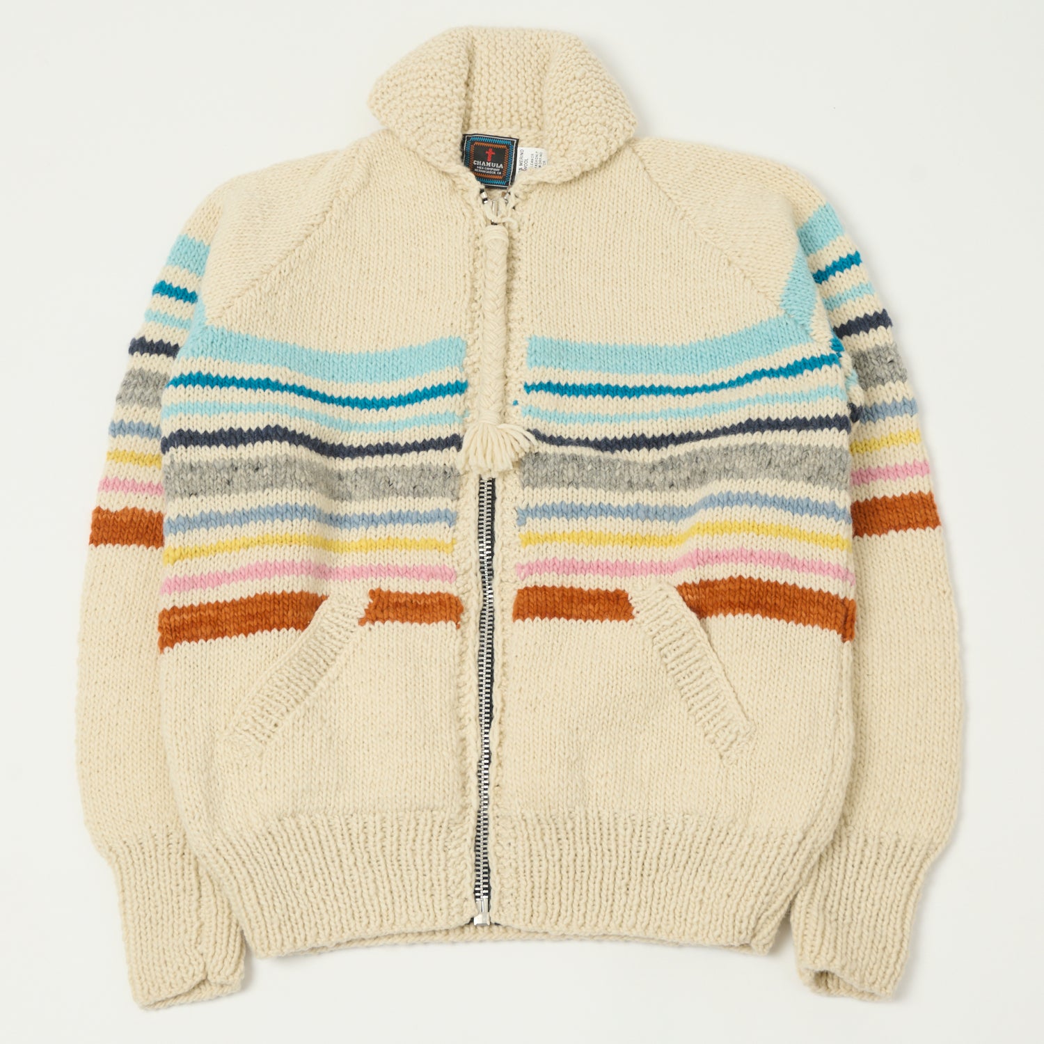 Chamula Striped Zip Through Cardigan - Ivory/Multi